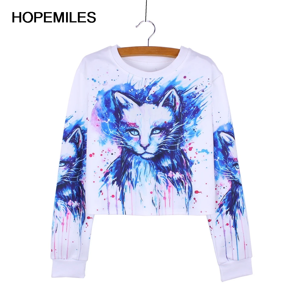 

New arrival Fashion blue ink Graffiti Cat print women's sweatshirts female Autumn clothes Harajuku girls outwear crop pullovers