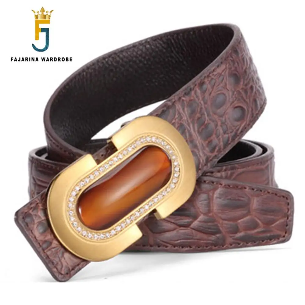

FAJARINA Top Quality Crocodile Pattern Cowhide Leather Real Jade Decorative Smooth Belts for Men Accessories Best Gifts LUFJ707