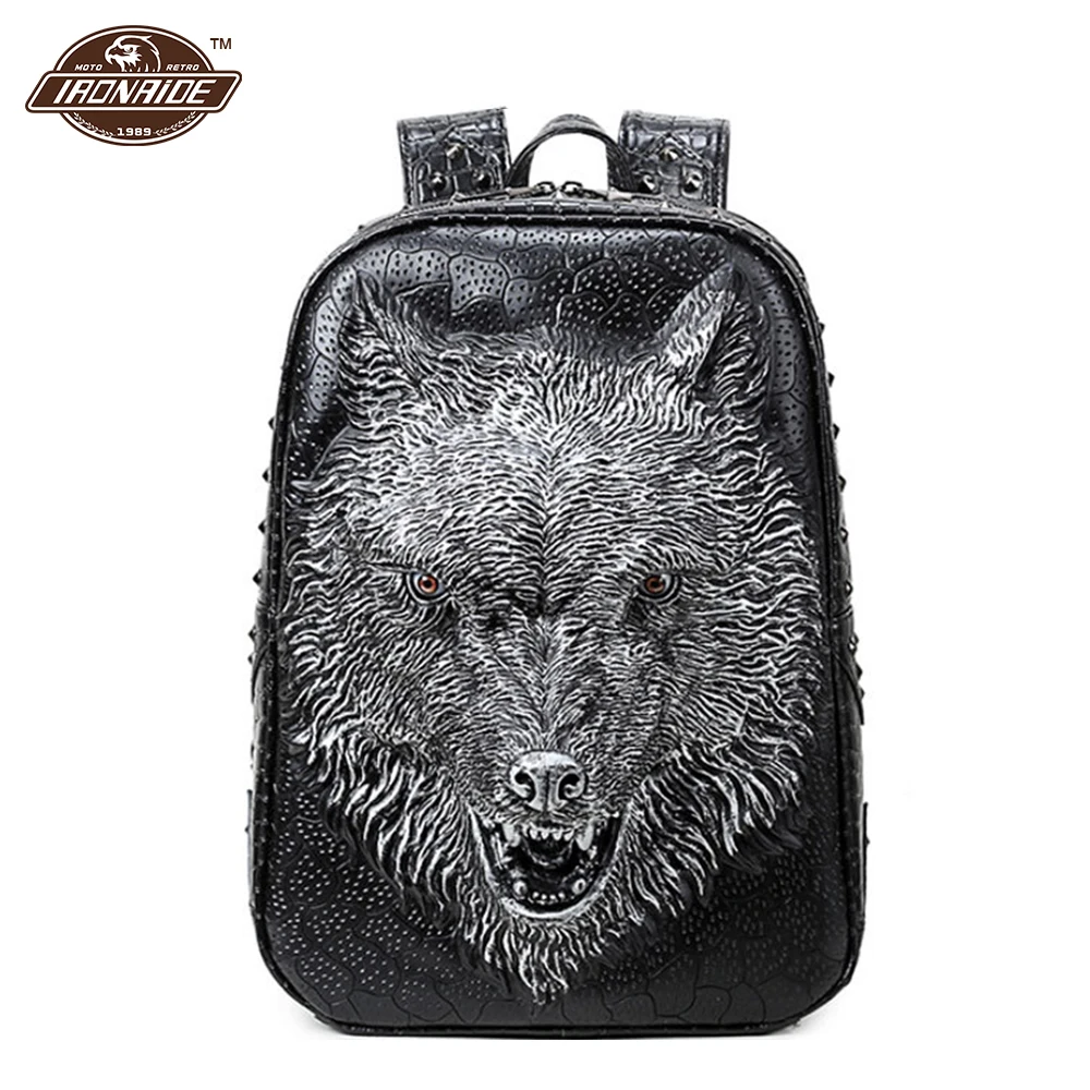 

Men Backpack Steam Punk Backpack PU Leather Shoulder Bag Motorcycle Bag 3D Embossed Wolf Head Bag Retro Rock Bag