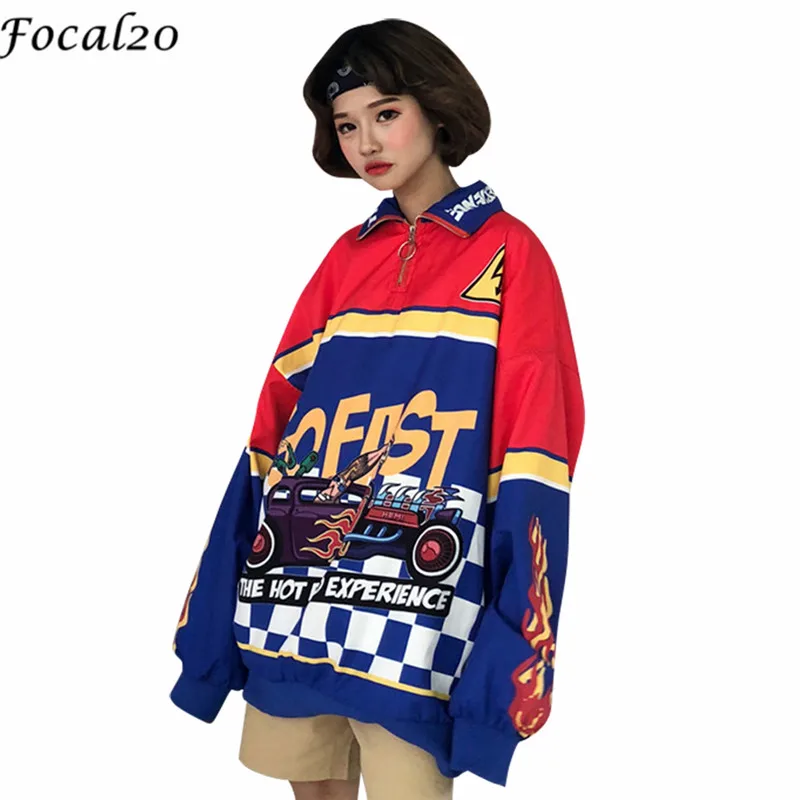 Focal20 уличная одежда гоночный автомобиль на молнии Женская толстовка с отложным воротником с длинным рукавом Повседневный свободный Женский пуловер Толстовка