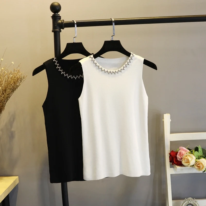 

Summer Sleeveless Knitting Shirt Tops Girls Ladies All-match Basic Tops Female Fashion Beaded Round Collar Knitted Waistcoat Top