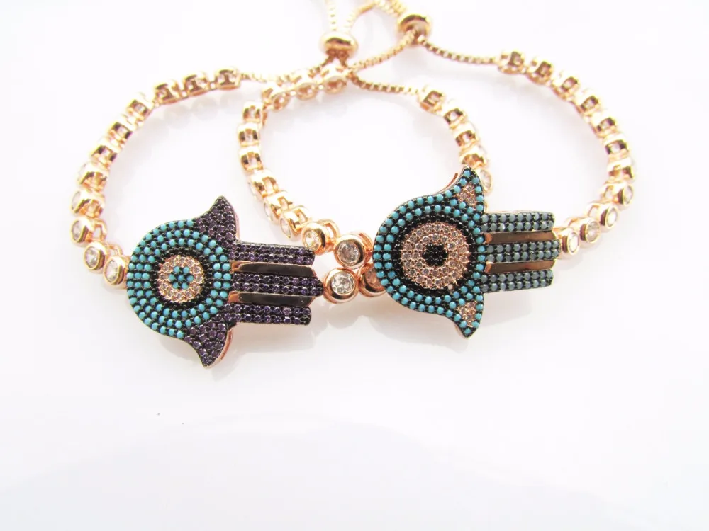 Прекрасный CZ звено цепи браслеты серебряные ювелирные изделия Фиолетовый Синий CZ Кристалл ладонь Хамса талисманы браслет регулируемый разм