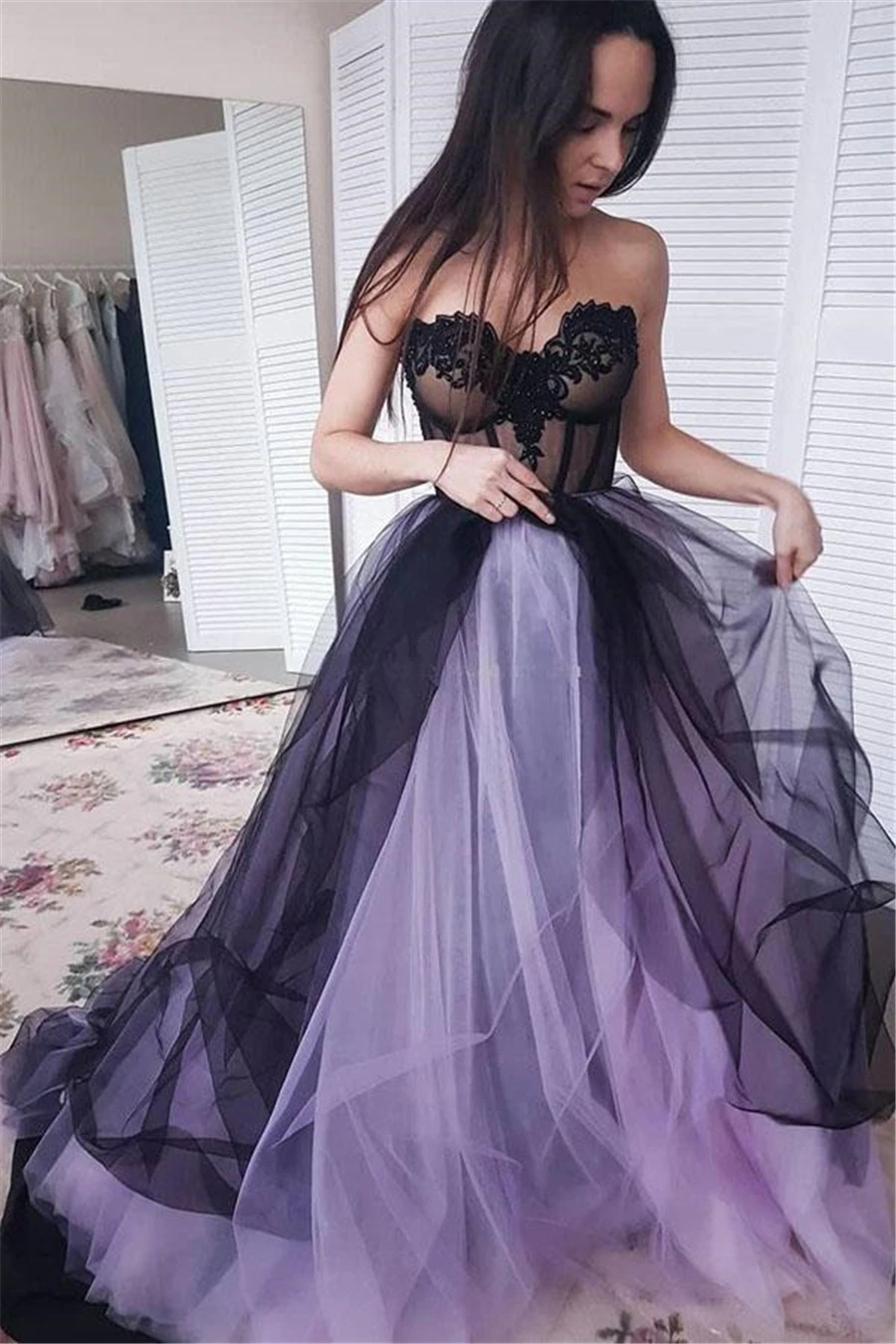 ТРАПЕЦИЕВИДНОЕ милое кружевное черное и лиловый Тюль длинное платье для выпускного вечера черные строгие вечерние платья платье vestido de formatura longo