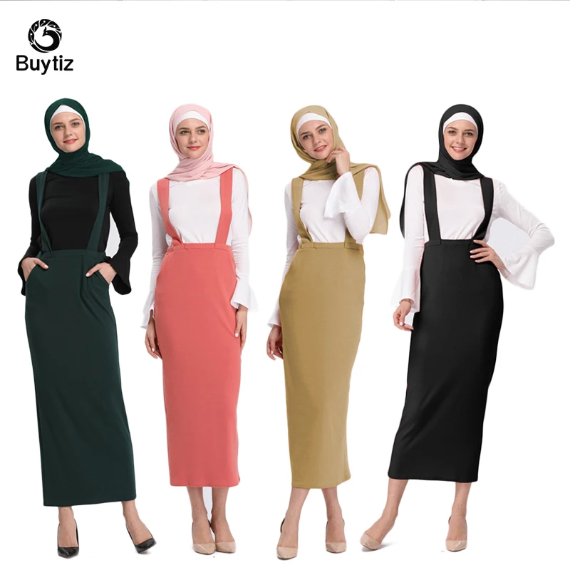 

Buytiz High Waist Strap skirt Pencil Knee Plain Zipper Women Elegant Spring Midi Islamic Clothing UAE Abaya Dubai Kaftan Dress
