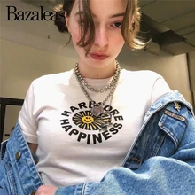 Bazaleas, уличная одежда Harajuku, Подсолнух, счастье, принт, обрезанная женская футболка, повседневный сексуальный укороченный топ, тонкая футболка, Прямая поставка