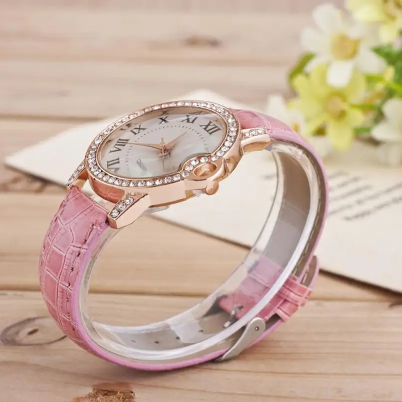 Новинка, модные женские часы с кристаллами и бриллиантами, простые кожаные кварцевые наручные часы, женские часы, роскошный браслет с кристаллами, Relojes Mujer# D