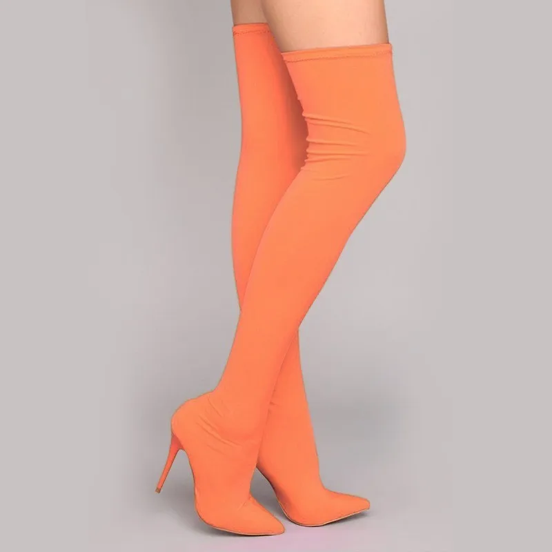 

Fashion Color Customized Stretchy Lycra Sock Boots Pointy Toe Over-the-Knee Heel Thigh High Pointed Toe Women Boots