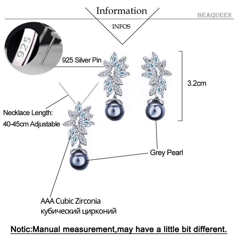 BeaQueen нежный кубический цирконий вымощенный цветок серый жемчуг Висячие серебряные 925 серьги кулон ожерелье Ювелирные наборы для женщин JS198
