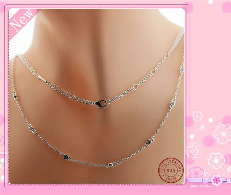 925 Серебряная подвеска капельки 45 см Регулируемые Длинные ожерелья для женщин ювелирные изделия сочетают две цепи с прозрачными CZ FLN060