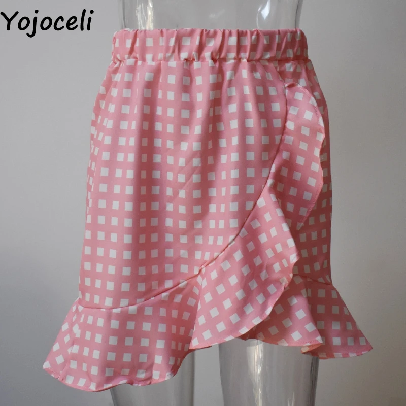 Yojoceli, сексуальные клетчатые короткие юбки с рюшами, женская летняя шифоновая юбка в горошек, Пляжная повседневная юбка, Милая Мини юбка с высокой талией