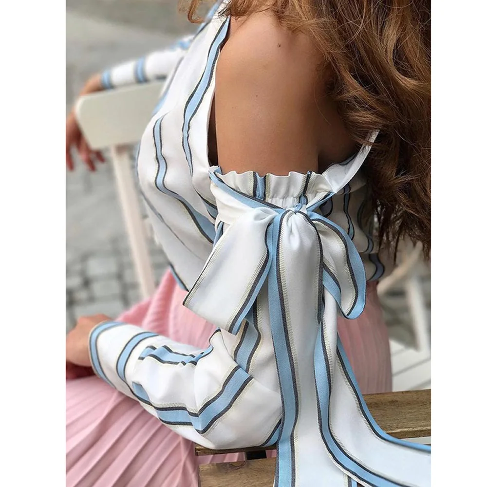 Summer Women Striped Loose Blouse Fashion Lady Off Shoulder Lace Up Shirts Female Elegant Tops