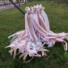 Mais novo 50 pçs/lote rosa juta laço casamento fita varinhas com grande tira sinos para festa de casamento