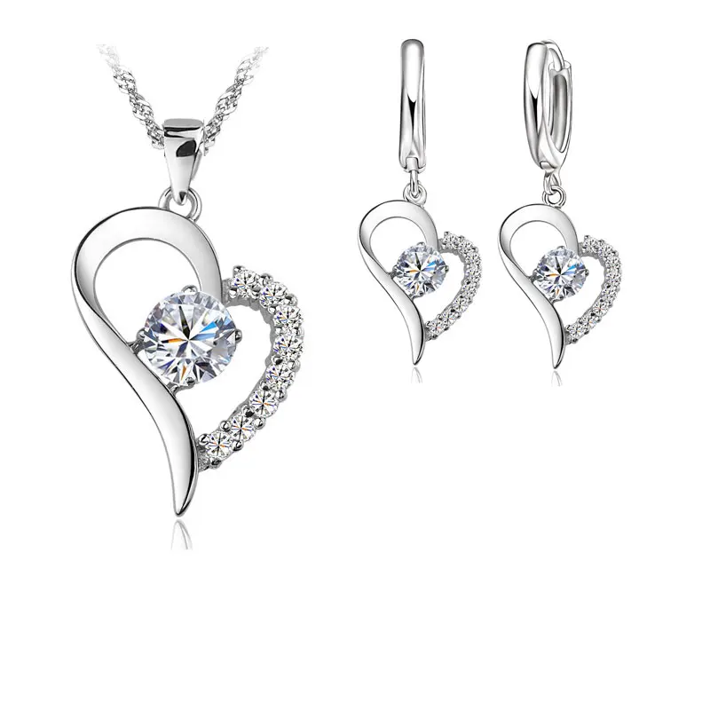 Never Run Color Bridal Jewelry Sets Sterlng Silver Cubic Zircon Heart Shaped Pendant Necklace Earrings Set | Украшения и