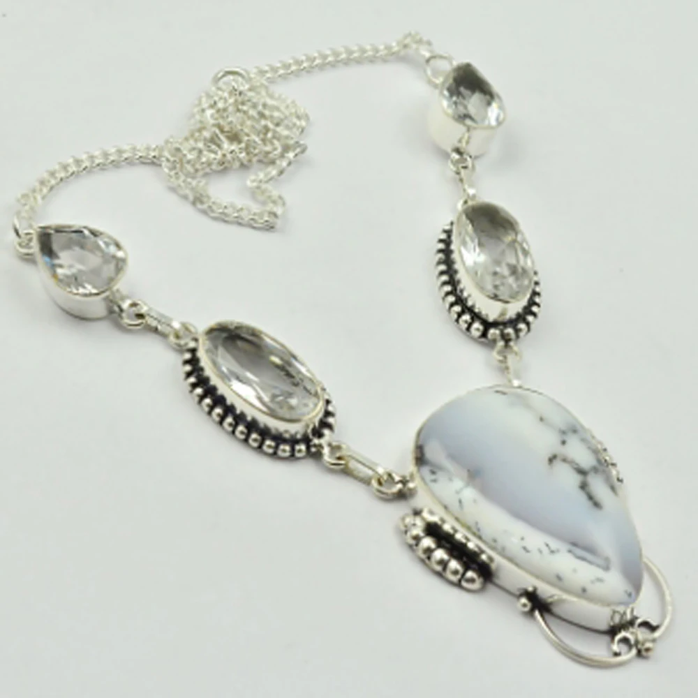 

Moss Agates & Crystal Necklace Silver Overlay over Copper, 50cm , N2812