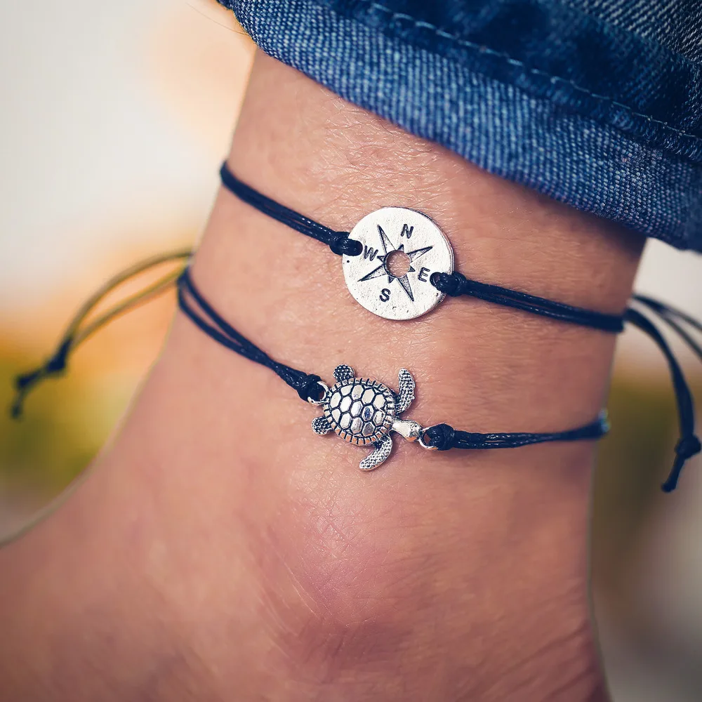 Vekno минималистичный Черепаха и компас ножной браслет для женщин бохенмия регулируемый водонепроницаемый Веревка парный браслет ножной вечерние ювелирные изделия
