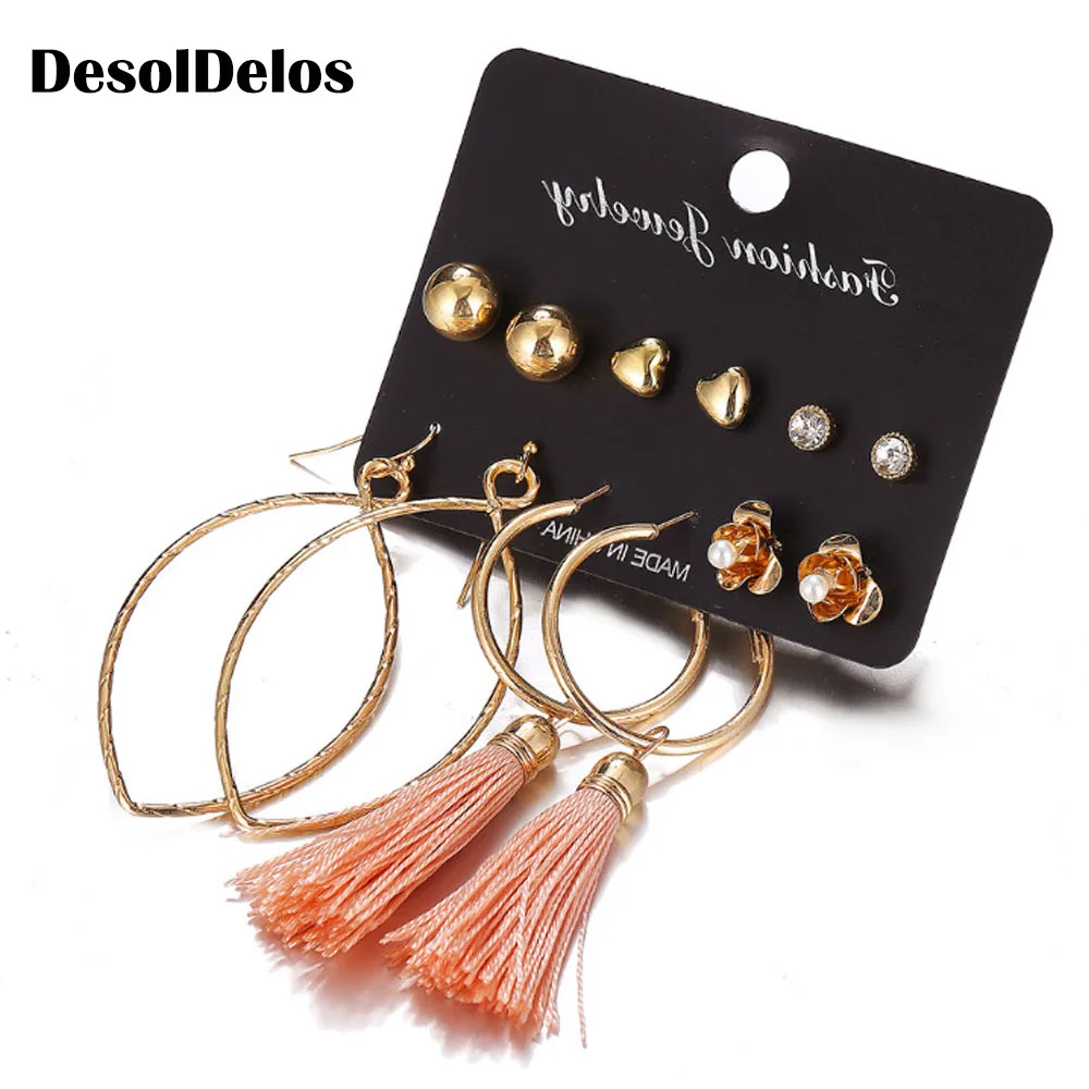 

6 Pcs/Set Fashion Geometric Vintage Stud Earrings For Woman Contrast Tassel Round Gold Black Color Earrings Set Jewelry 2019