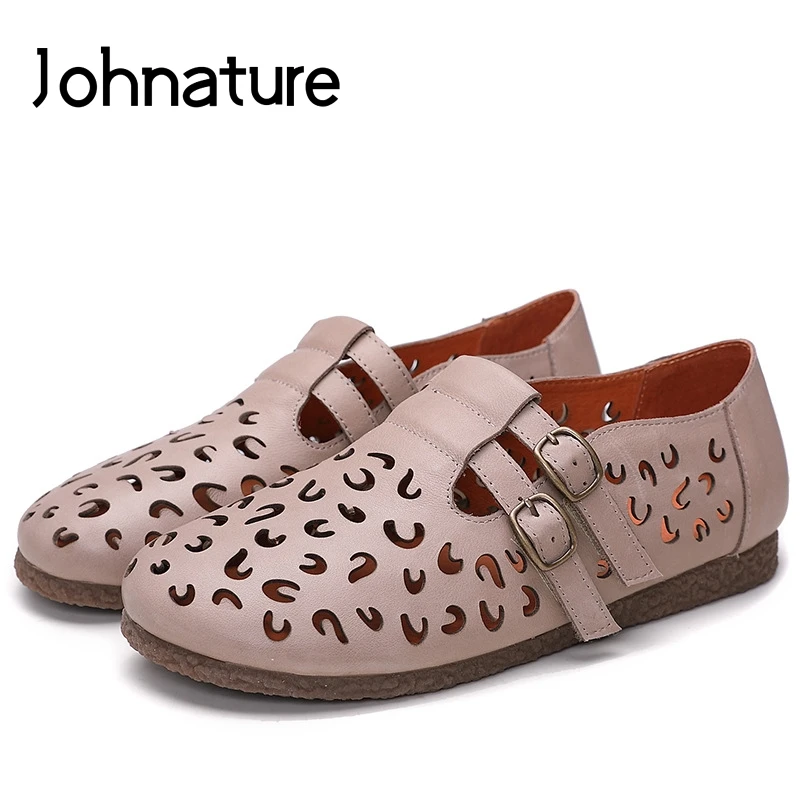 

Johnature 2019 New Spring/Autumn Genuine Leather Casual Round Toe Retro Buckle Strap Shallow Slip On Women Shoes