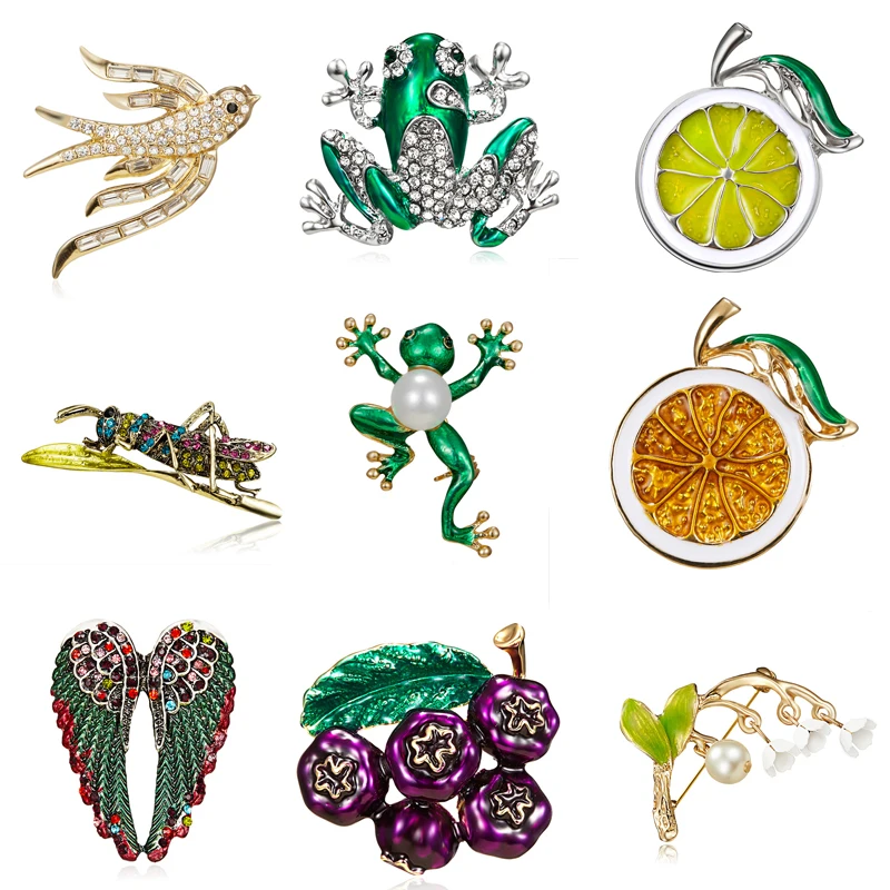 

Cute Green Enamel Fruit Orchid Dragonfly Frog Brooches for Women Men Punk Party hijab Bag Accessory Imitation Pearl Brooch Pins