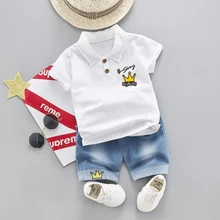 Хлопковая футболка с отложным воротником для маленьких мальчиков, комплекты одежды, летние джинсы с короной, короткая детская одежда, костюм для детей, костюмы