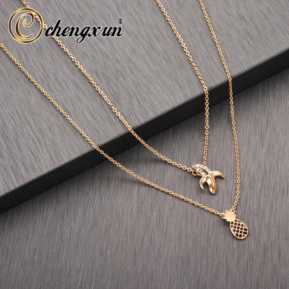 

CHENGXUN Cute Pineapple & Banana Necklace for Women Fashion Korean Jewelry Fruit Pendant Doublelayered Chain Necklace Girls Gift