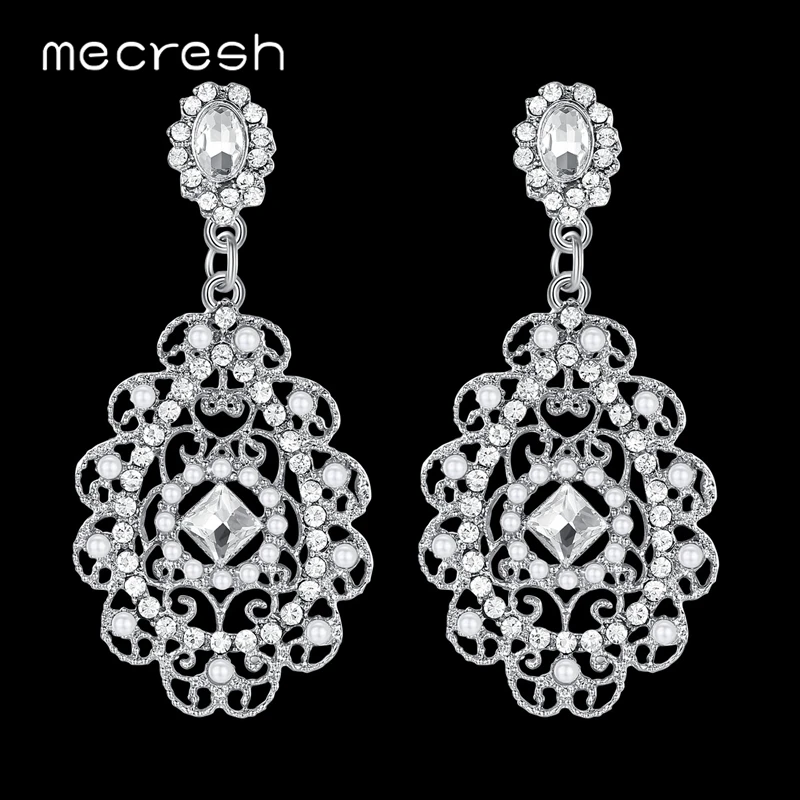 

Mecresh Flower Shape Silver Color Simulated Pearl Dangle Earrings 2018 Statement Crystal Bride Earrings Wedding Jewelry MEH1081
