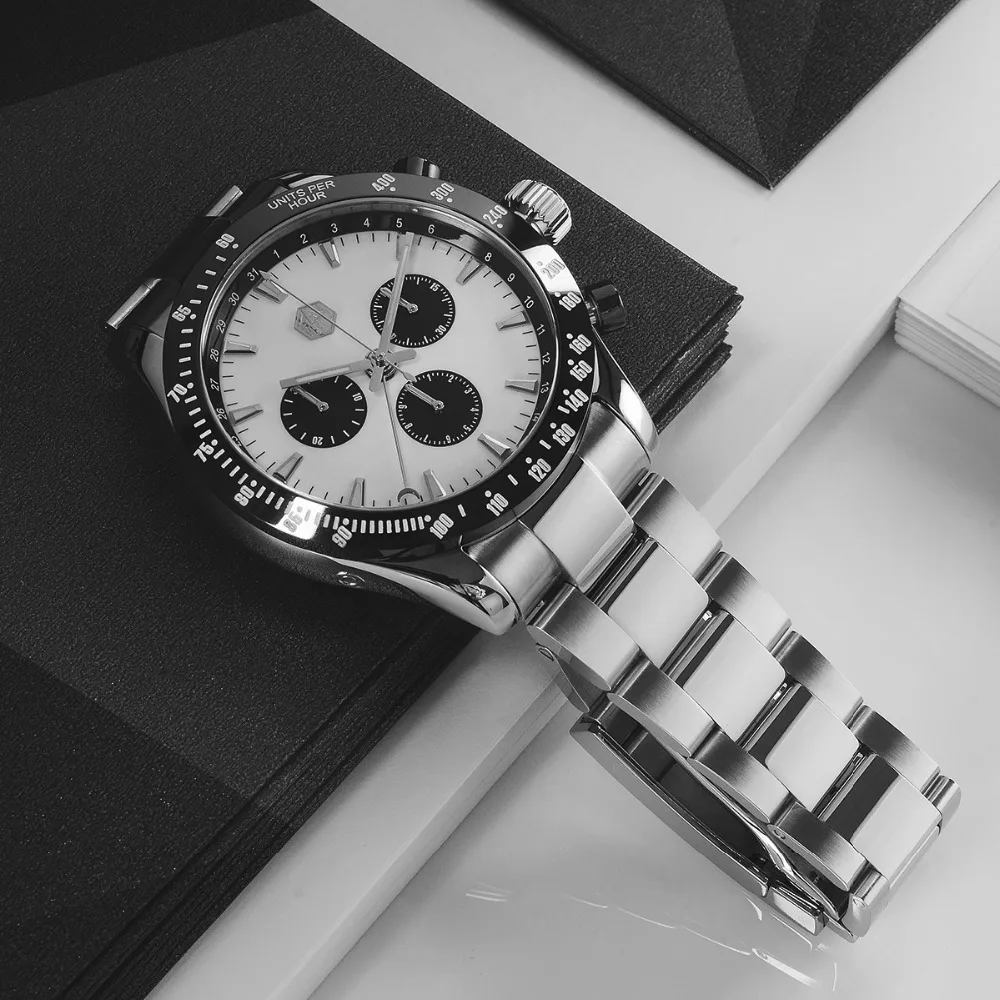 Новые винтажные кварцевые часы из нержавеющей стали с хронографом, часы с керамическим ободком, швейцарские 5040.F часы с механизмом San Martin, высококачественные наручные часы