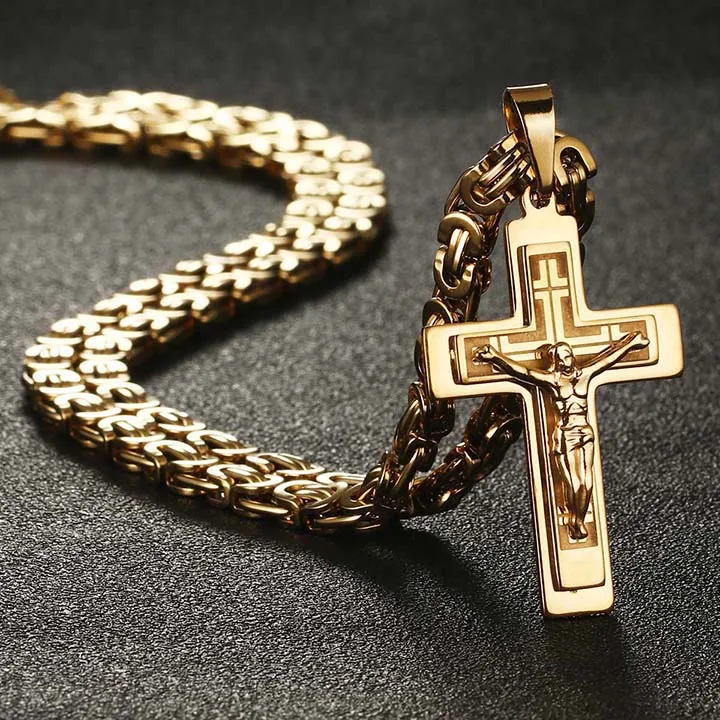 Men's Stainless Steel Jesus Christ Holy Crucifix Cross Pendants Necklaces Catholic Long Chain Necklaces Boys Gifts Jewelry NC011 - Окраска металла: Gold Color