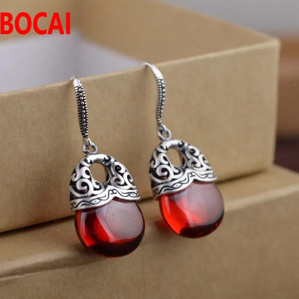 

S925 silver inlaid style female chalcedony traditional modelling Earrings