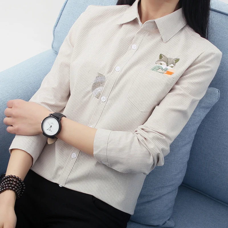 FEKEHA Fox Embroidery Long Sleeve Women Blouses And Shirts Red Grey Beige Female Ladies Casual Shirt Tops Stripe Blusas Blouse