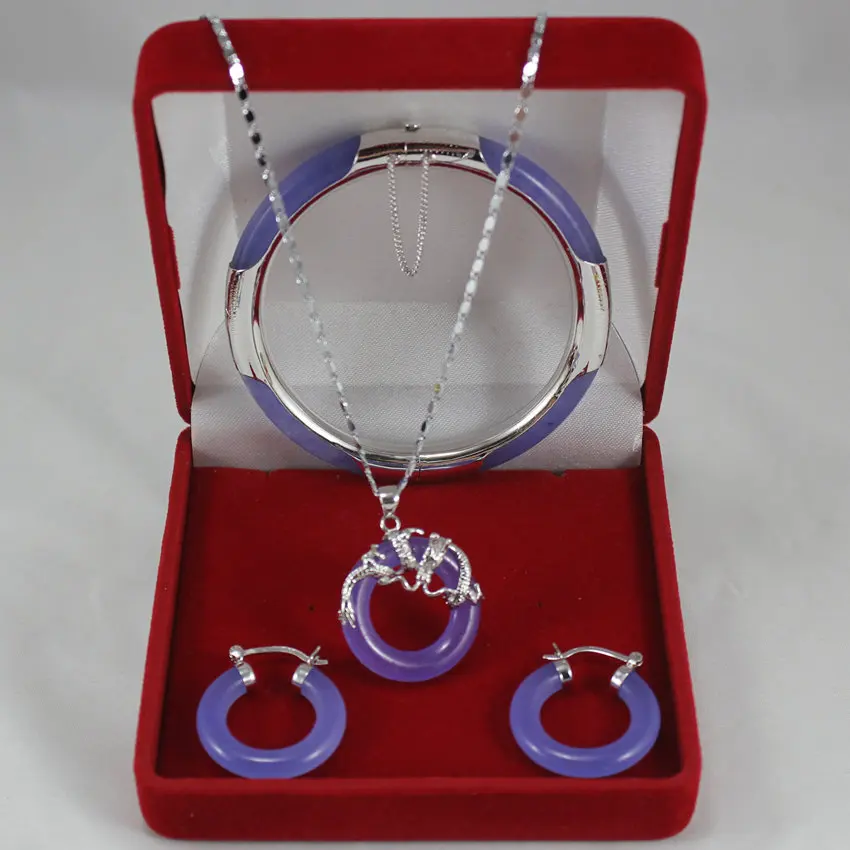 

Hot sell Noble- hot sell new - charming 7.5" purple Jade bracelet, earings, and pendant decorated with dragon jewelry sets for g