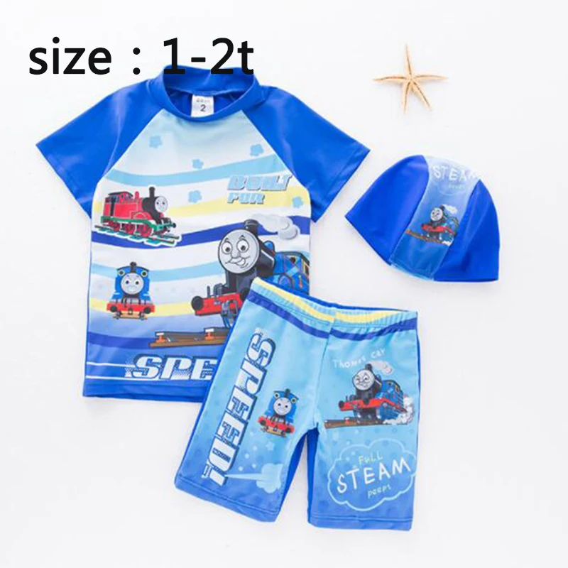 Детский купальный костюм для маленьких мальчиков, рубашка с длинными рукавами+ шорты+ шапочка, комплект из 3 предметов, купальный костюм с рисунком машины, детская пляжная одежда - Цвет: US size 1 to 2t