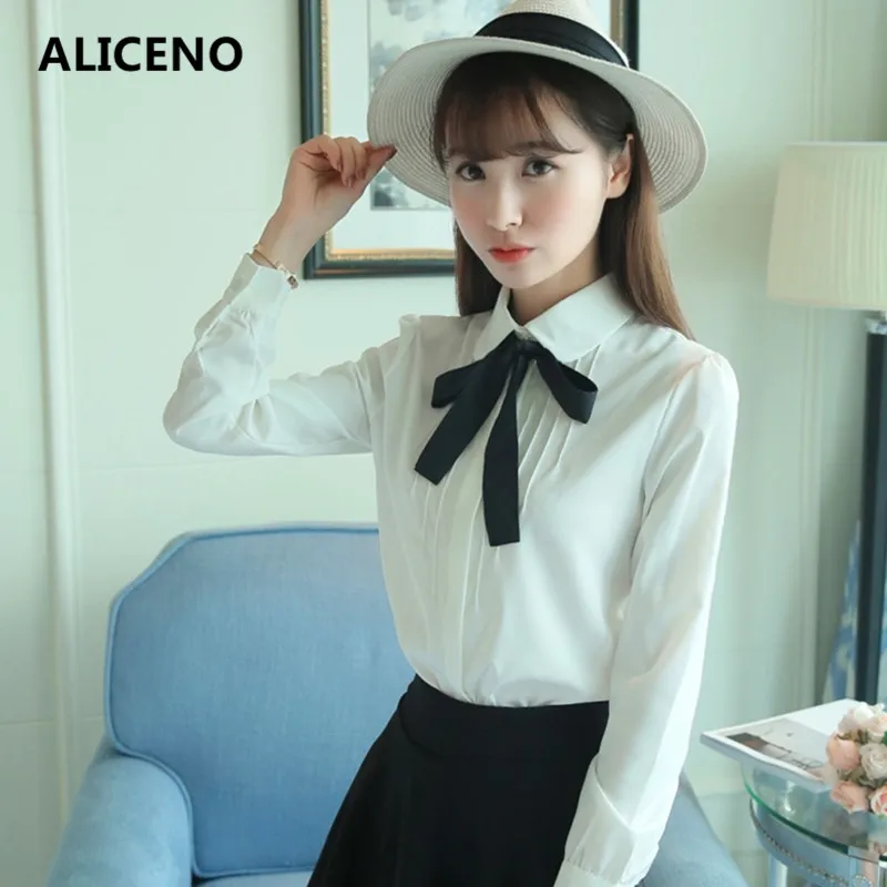 

ALICENO Women Elegant Bow Tie White Blouses Casual Full Sleeve Shirt Office Ladies Tops School Blusas Female S-5XL W19052604