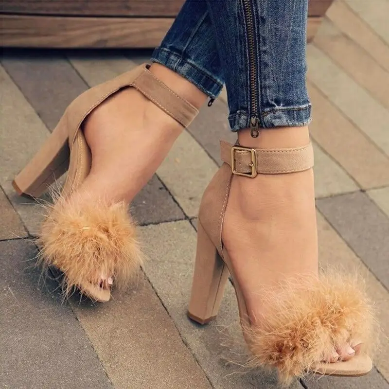 Women Sexy High Heels Shoes European American Rabbit Hair Buckle Thick Sandals Feather Platform Sandals Black Shoes Dropshipping - Цвет: apricot