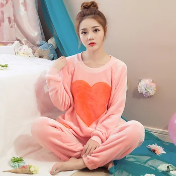 

Autumn Winter Winter Cotton/Flannel Thickening Women Long-sleeved Pajama Sets Cartoon Pijamas Mujer Coral Fleece Pink Sleepwear