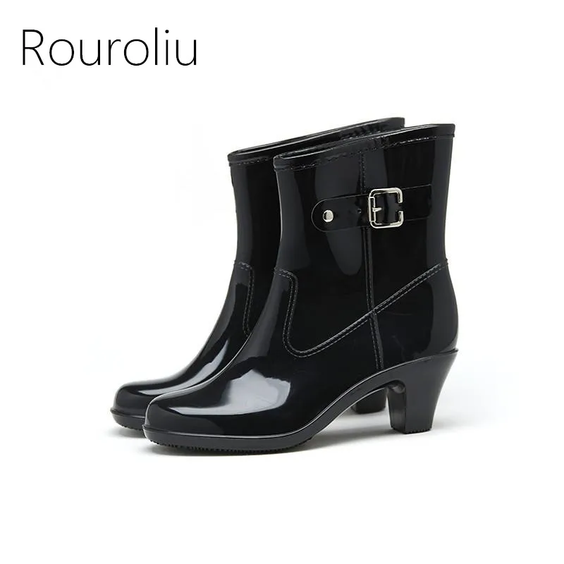 

Rouroliu Women Fashion PVC Mid-calf Rain Boots Buckle High Heels Rainboots Waterproof Water Shoes Woman Wellies ZM95