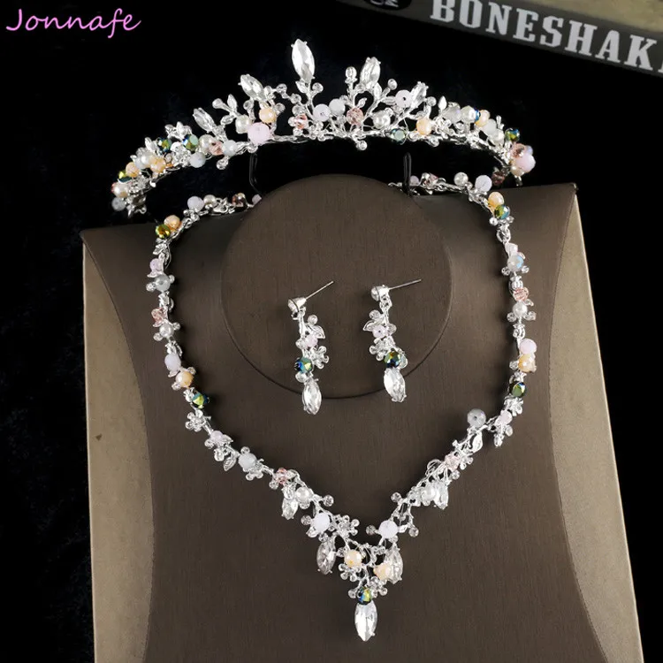

Jonnafe Silver Leaf Branch Wedding Tiara Necklace Earrings Birdal Jewelry Set Crystal Women Party Prom Jewelry Accessories