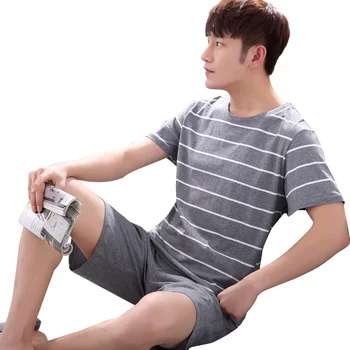 

Summer Cotton Striped Men's Pajama Sets Mens Pajamas Short Sleeve Leisure Plus Size Male Sleepwear Suits Nightwear Man Pijamas