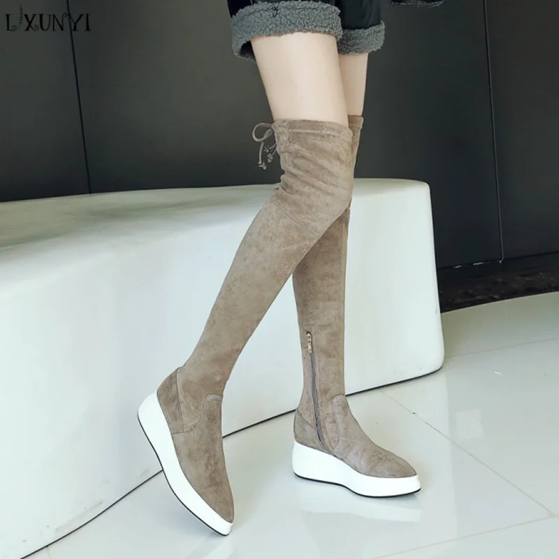 

LXUNYI Fashion 2018 Woman Over The Knee Boots Kid Suede Flat Heel Shoes Round Toe Platform Long Boots Winter Boots Black Apricot