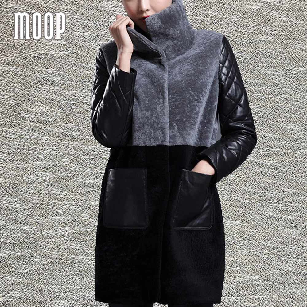 Genuine leather spliced shorn sheepskin sheep shearling long coats