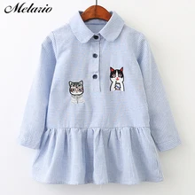 Melario/платье для девочек; коллекция года; модные рубашки; платья с длинными рукавами в синюю полоску; детская одежда с вышивкой; Детские платья с отложным воротником