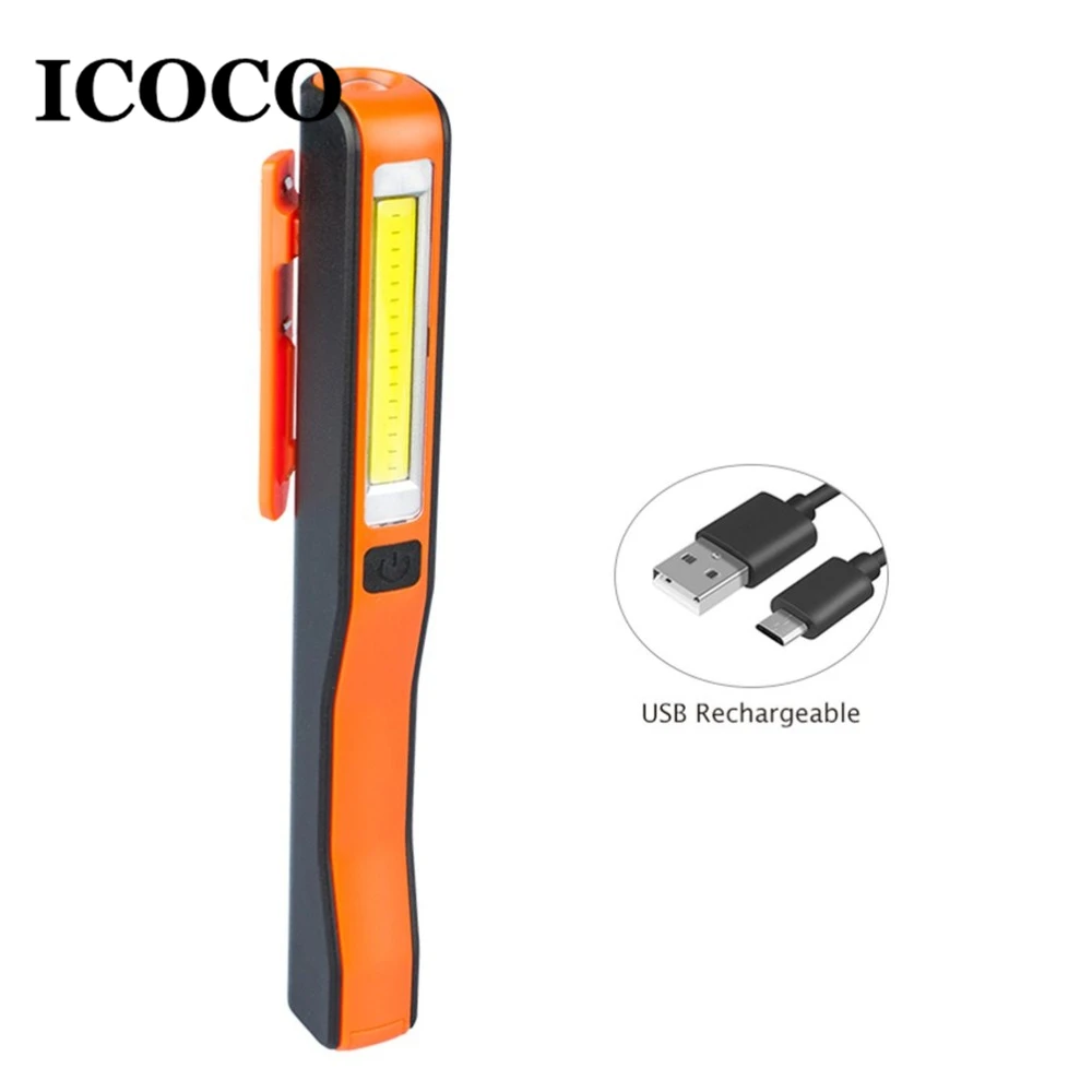 

ICOCO Mini Pen Type COB LED Flashlight Multifunction Torch Light Magnetic Working Inspection Lamp Pocket Light USB Charging Sale