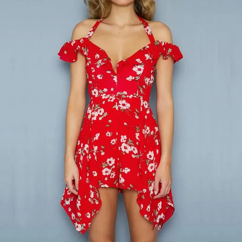 yinlinhe Red Lace Up Halter Playsuit Women Off Shoulder Summer Playsuit Short Sleeve Backless Asymmetry Sexy short jumpsuit 6