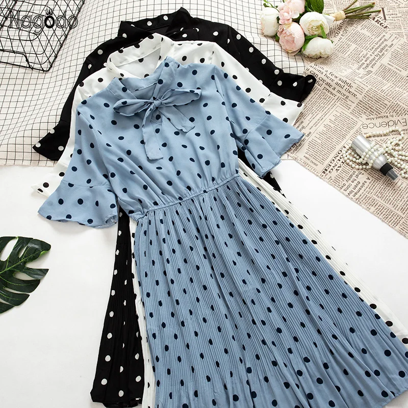 

Chic Retro Polka Dot Dress Women Sweet Bow Collar Short Sleeve Summer Dresses Preppy Style Knee-length A-line Chiffon Dress