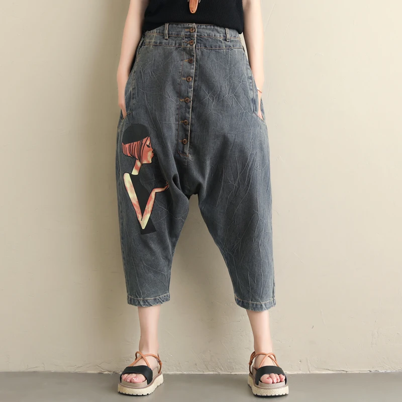 

2019 Spring Boyfriend Jeans Harem Pants Plus Size Women Literary Retro Loose Personality Cotton Denim Pants High Waist Jeans