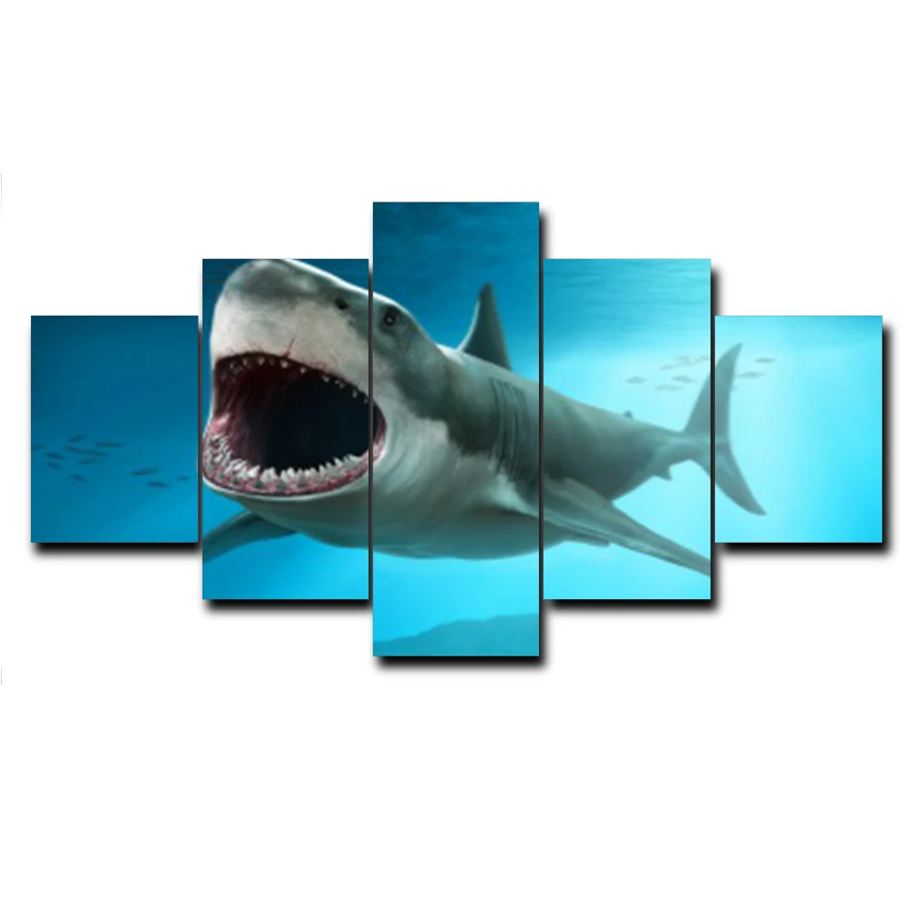 

5 Panel Underwater World Shark Animal Posters and Prints Wall Artwork Vintage HD Canvas Painting Living Room Home Decor No Frame