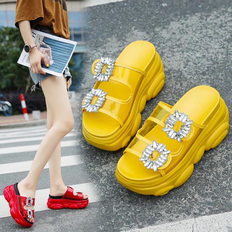 

Fashion Platform Women Slides Summer concise Thick soles super high heels 9 cm wedges crystal Slippers slides punk 2019 pantufa