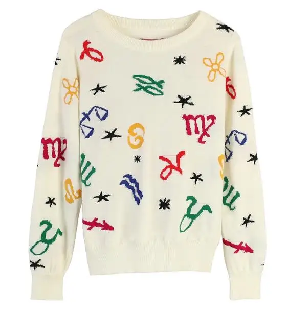 Европейский Американский стиль Осень длинный рукав цвет Созвездие вышивка свободный вязаный женский свитер блузка
