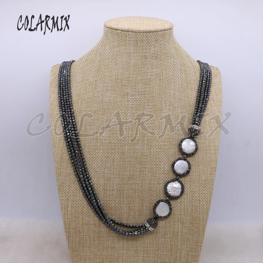 

Handmade beaded necklace natural round pearls with hematite layers beaded necklace High quality gift for lady 2722