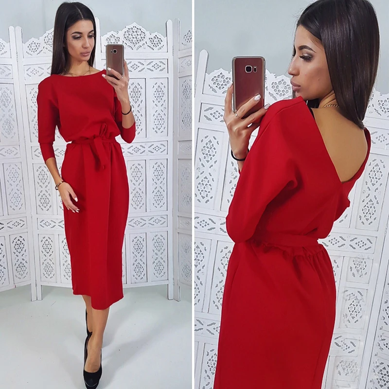 

Women Vintage Sashes Straight Backless Dress Ladies Seven Sleeve Dress Winter Office Lady Elegant Women Dress vestido de mulher