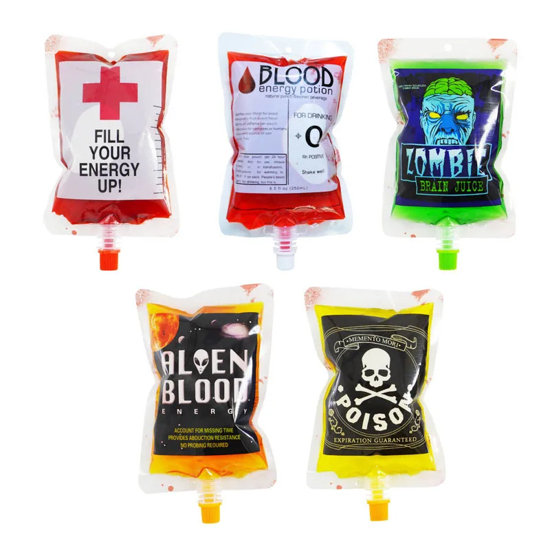 

250ml 5 tyles Transparent Clear Medical PVC Material Reusable Blood Energy Drink Bag Halloween Vampire Pouch Props Free shipping